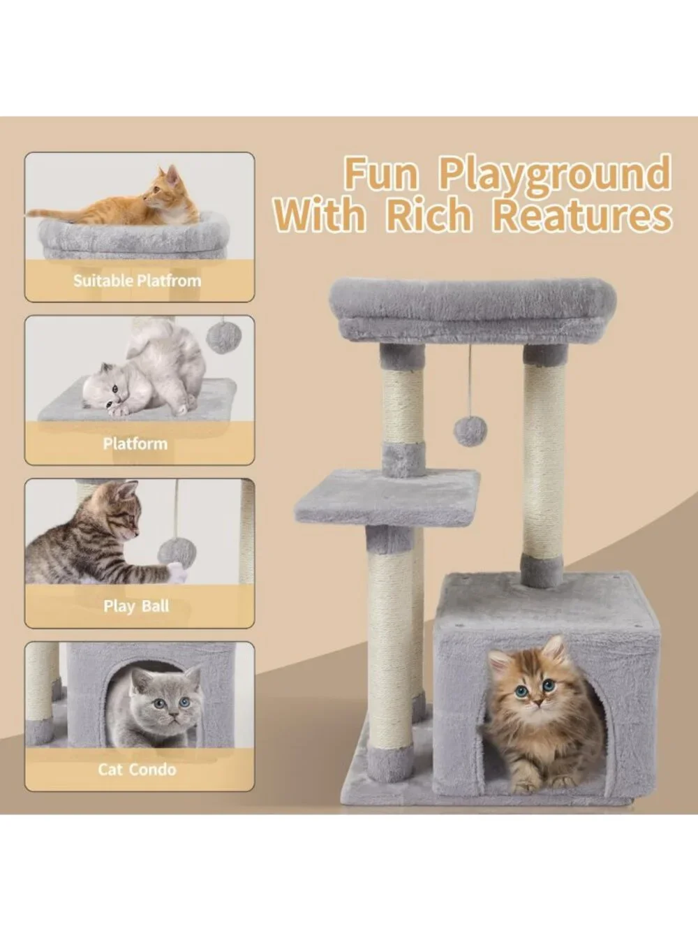 Adorable Cat Tree Condo with Sisal Scratching Posts & Jump Platform - Gray